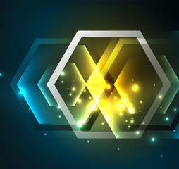 Techno glowing glass hexagons vector background