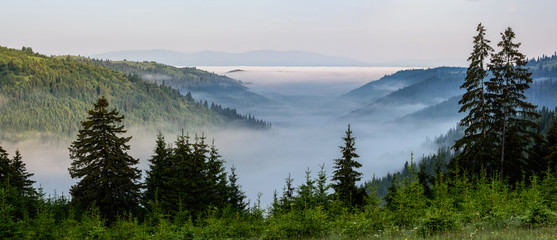 Foggy Landscape in Mountains. 
Foggy Landscape. A view from mountains to the valley covered with...