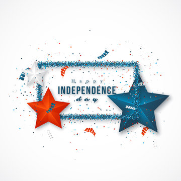American independence day. Holiday background with frame, 3d stars and confetti. Vector illustration.