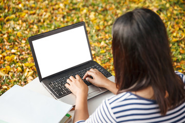 Asian woman using computer sitting on grass in the park.