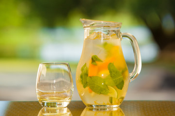 Soft drink and fruit.