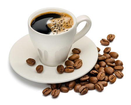Coffee cup and coffee beans on white background