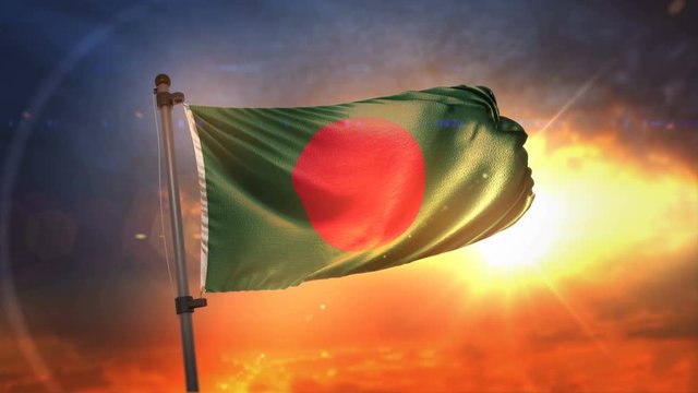 Bangladesh Flag Backlit At Beautiful Sunrise Loop Slow Motion 4K