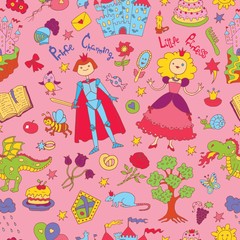 Seamless doodle background with colorful prince and princess concept on pink