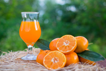 Orange juice and Orange fruits on wooden box and straw on blur green bokeh background. Vitamin C, iron, phosphorus, help the body to excrete well.