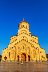 Tbilisi, Georgia - 8 October 2016: Main view Tbilisi Sameba Cathedral (Holy Trinity) biggest Orthodox Cathedral in Caucasus