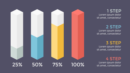 Vector percents status infographic, growth diagram chart, performance graph presentation. Business progress concept with 4 options, parts, steps, processes. 16x9 dark slide template.