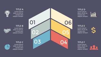 Vector arrows infographic, growth diagram chart, performance graph presentation. Business progress concept with 6 options, parts, steps, processes. 16x9 dark slide template.