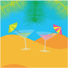color vector beach holidays illustration, two drinks on sandy beach, blue sea and palm leaves