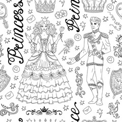 Black and white seamless background with prince and princess concept
