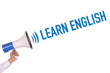 Hand Holding Megaphone with LEARN ENGLISH Announcement