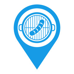 Icono plano localizacion parrilla con hot dog azul