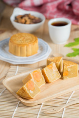 Slied of mooncake on plate.