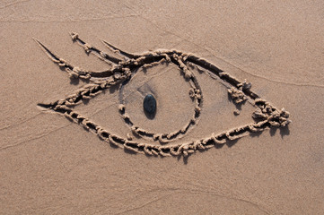 eye drawn in the sand. Beach background. Top view
