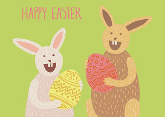 Happy Easter card with bunny and eggs