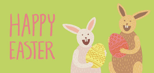 Happy Easter card with bunny and eggs