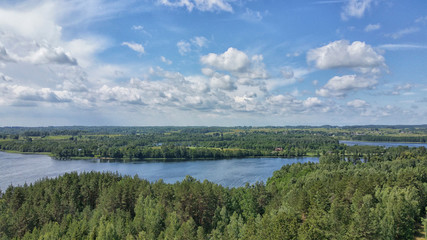 Picturesque view on the lake and forest at evening time just before the sunset. Sky and clouds reflected in water surface.Beautiful natural landscape. Panoramic view. The land of lakes. Europe.