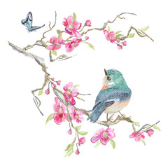Embroidery floral pattern with oriental cherry blossom and varied tit. - 161948651
