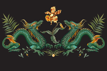 Embroidery oriental floral pattern with green dragons and tiger orchid.