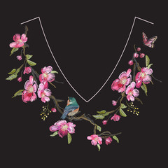Embroidery floral neck line pattern with oriental cherry blossom and varied titmouse.
