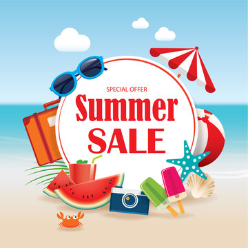 Summer sale background banner design template with colorful beach and object vacation elements.