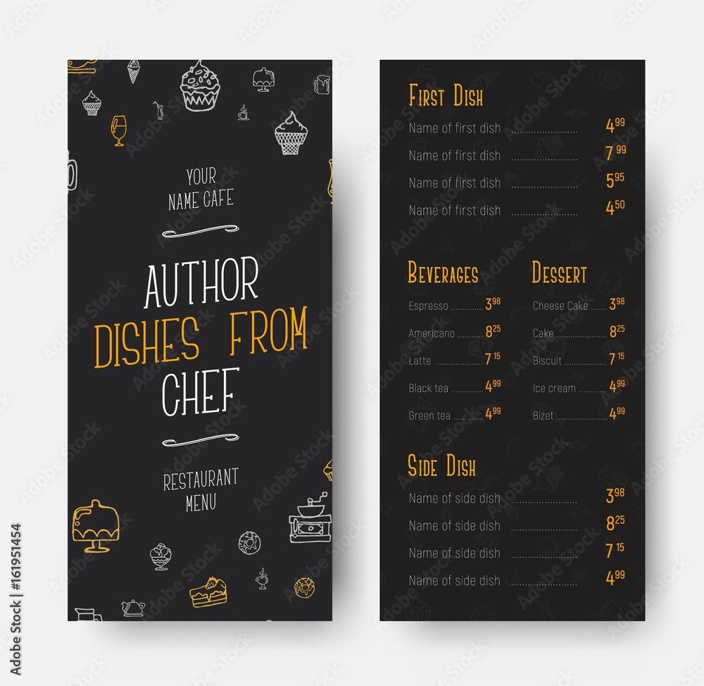 Aufkleber template for the front and back of the narrow menu for a restaurant or cafe.