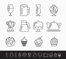 set of black and white linear icons on the theme of food and drinks