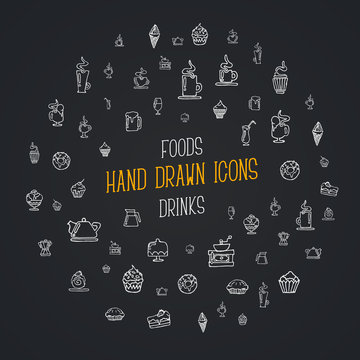 Black background template with icons of coffee, desserts, kitchen equipment