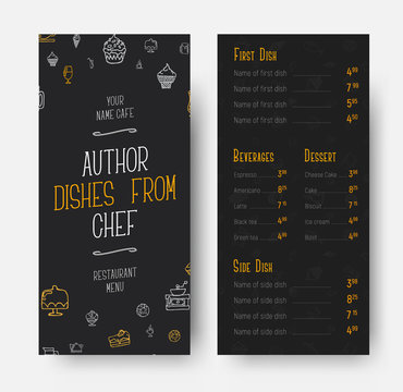 template for the front and back of the narrow menu for a restaurant or cafe.