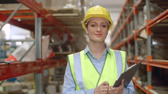 Female engineer in visible uniform and hardhat walking in slow motion along shelves in warehouse and looking at camera