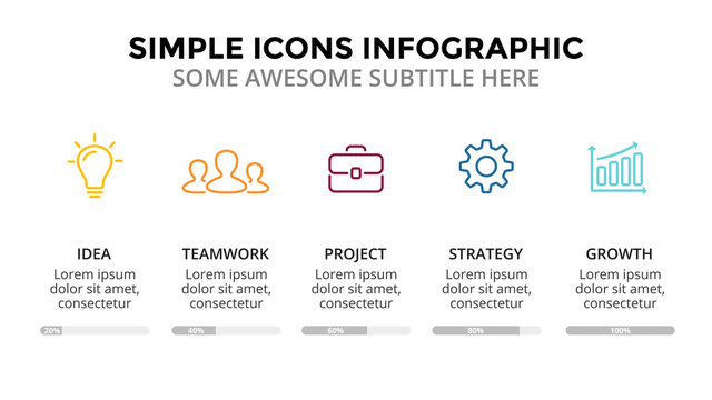 Vector icons minimal infographic, text diagram, flat percents status graph, presentation chart. Business concept with 5 options, parts, steps, processes. 16x9 dark slide template.