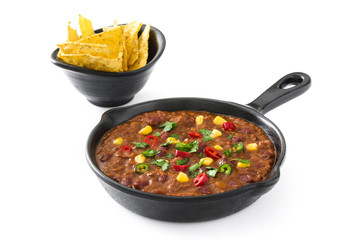Traditional mexican tex mex chili con carne in a frying pan isolated
