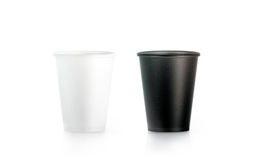 Blank black and white disposable paper cup mock up isolated, 3d rendering. Empty polystyrene coffee drinking mug mockup front view. Clear plain tea take away plastic package, cofe branding template.