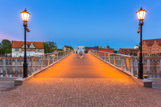 Catwalk over Motlawa river in Gdansk at dusk, Poland