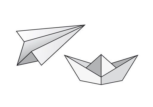 Paper boat vector. Paper airplane vector. Folding paper boat and airplane. Paper model ship and airplane