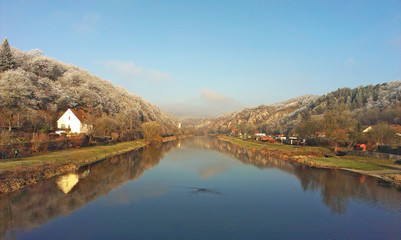 Fototapeta na wymiar Picture of Berounka river in sunny winter morning, Czech republic