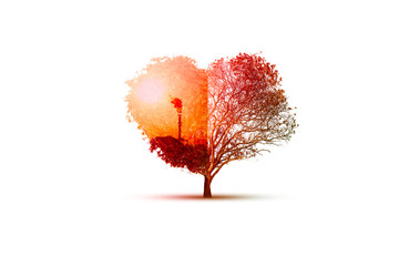 Tree heart death exposure in industrial factory background. The concept of world love and clean...