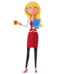 Office blonde woman with cup. Vector flat cartoon illustration