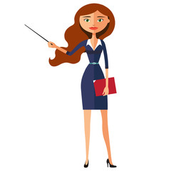 Businesswoman carroty teacher with a pointer vector flat cartoon illustration
