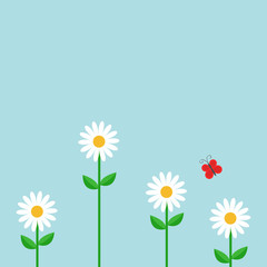 Red butterfly. White daisy chamomile set. Cute growing flower plant. Love card. Camomile icon. Flat design. Blue background. Isolated.