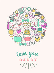 Vector icon set of fathers day greeting card against white background