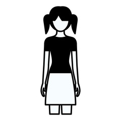 black silhouette thick contour of faceless full body teenager with skirt and tall pigtails hairstyle vector illustration