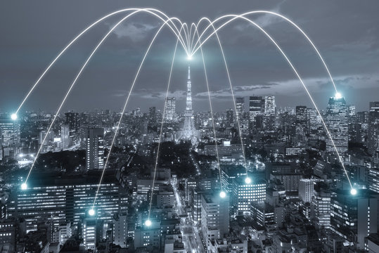 Wifi icon and Tokyo city with network connection concept, Tokyo smart city and wireless communication network, abstract image visual, internet of things.