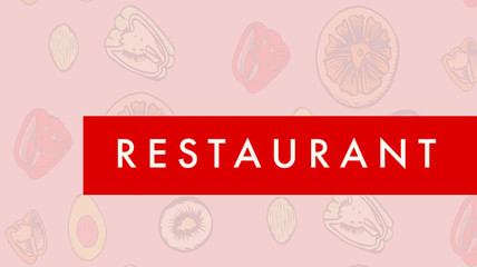 Vector image restaurant text with various meal on pink background