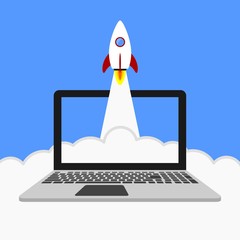 Start up rocket on laptop screen with clouds