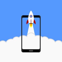Start up rocket on smart phone screen with clouds