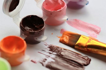 Used open acrylic orange brown pink paints, brush and strokes on white paper
