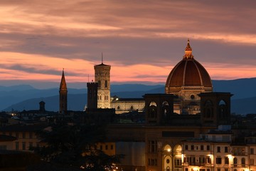 Sunset view of Illuminated Cathedral of Santa Maria del Fiore (Duomo) in Florence, Italy.