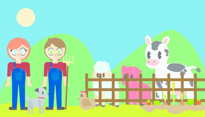 Vector of farmers with pets in poultry farm