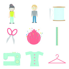 Vector icon set of tailoring equipment on white background